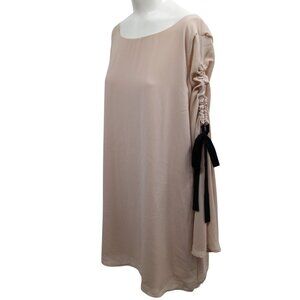 Lulus Cherish Long Sleeve Beige Shift Dress Size L Cutout Ribbon Bell Sleeve